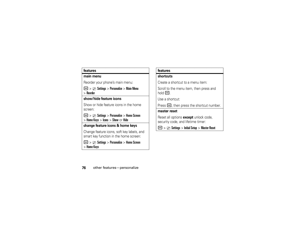 Motorola V3i manual Settings Personalize Main Menu Reorder, Settings Personalize Home Screen Home Keys 