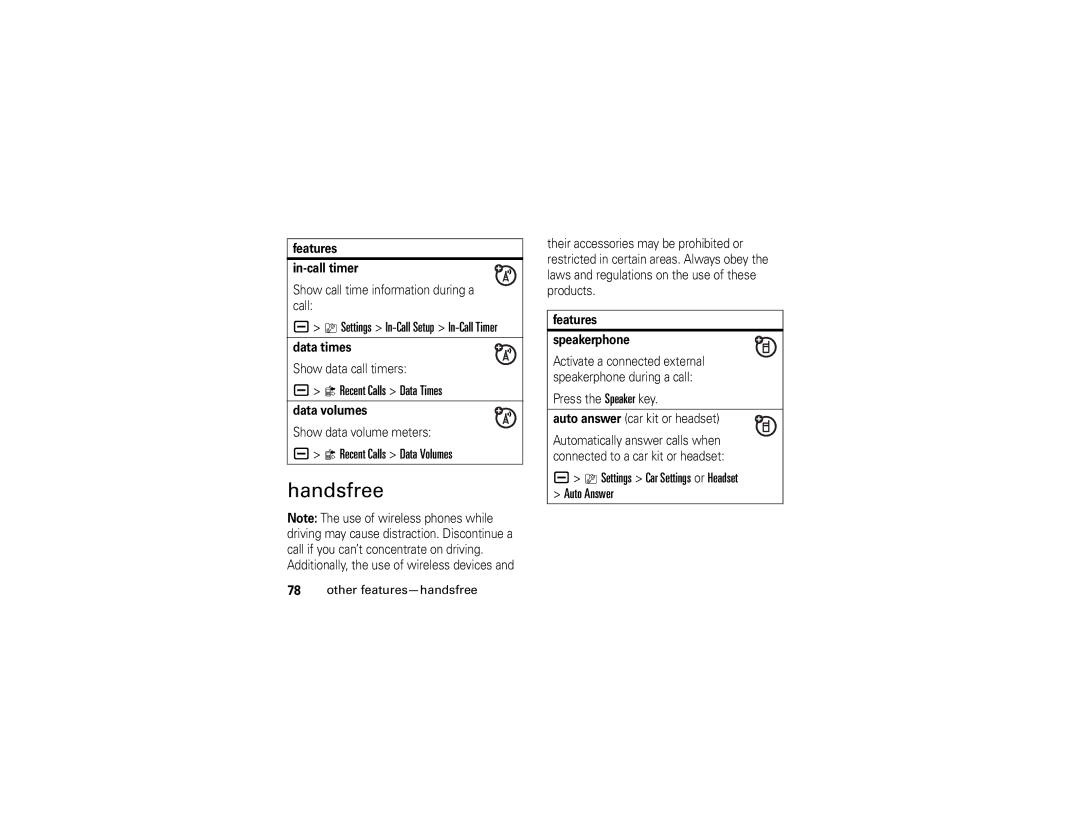 Motorola V3i Handsfree, Recent Calls Data Times, Recent Calls Data Volumes, Settings Car Settings or Headset Auto Answer 