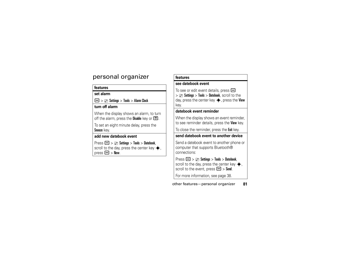 Motorola V3i manual Personal organizer, Settings Tools Alarm Clock, Settings Tools Datebook, scroll to 