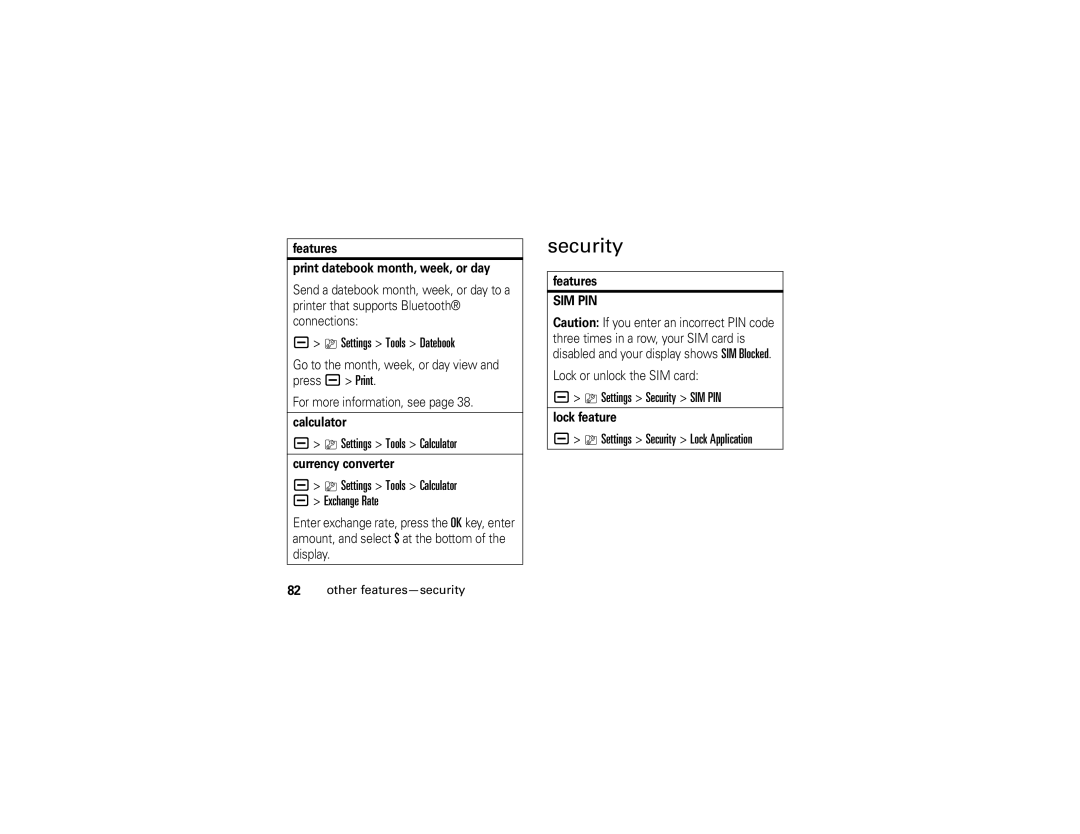 Motorola V3i manual Settings Tools Datebook, Settings Tools Calculator, Settings Security SIM PIN 