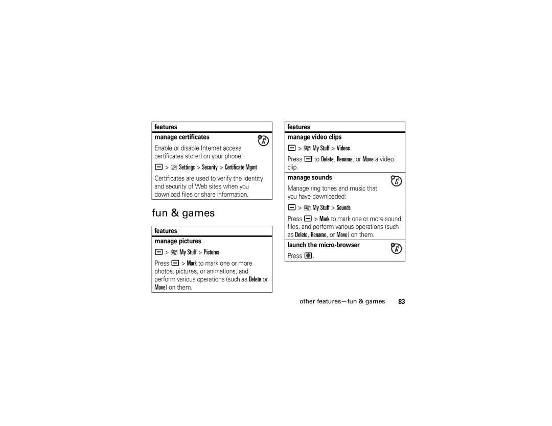 Motorola V3i manual Fun & games, Settings Security Certificate Mgmt, My Stuff Pictures, My Stuff Sounds 