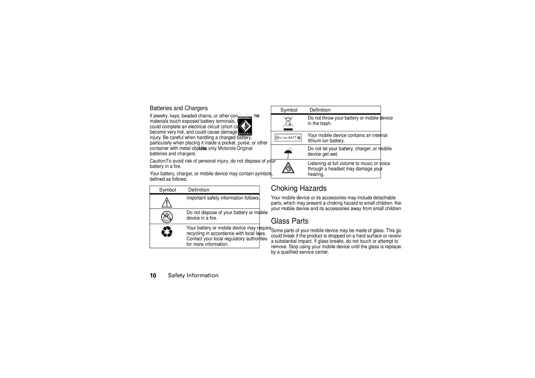 Motorola V3M manual Choking Hazards, Glass Parts, Batteries and Chargers 