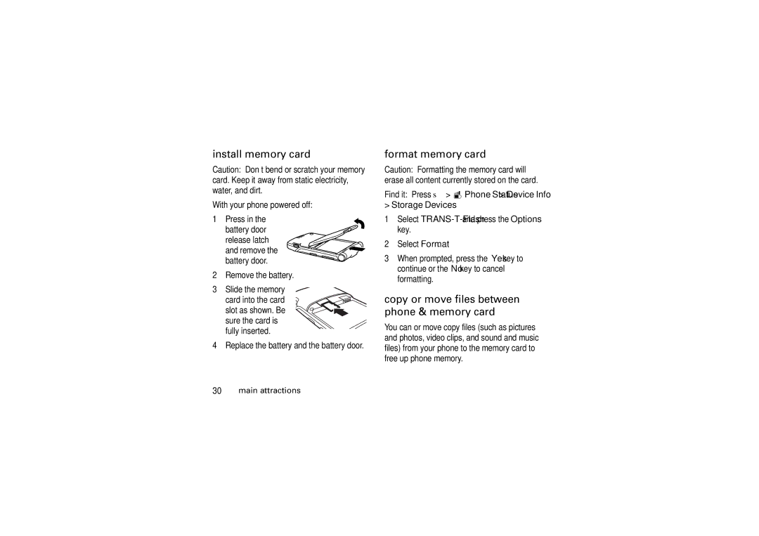 Motorola V3M manual Install memory card, Format memory card, Copy or move files between phone & memory card 