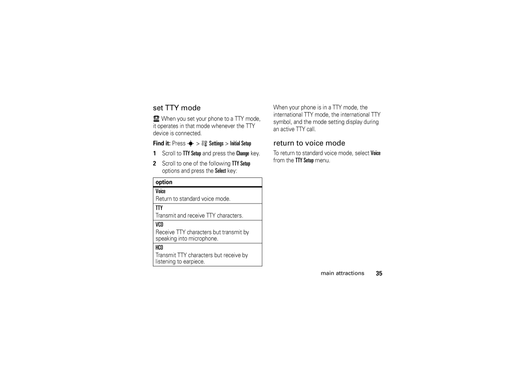 Motorola V3M manual Set TTY mode, Return to voice mode, Find it Press s w Settings Initial Setup, Voice 