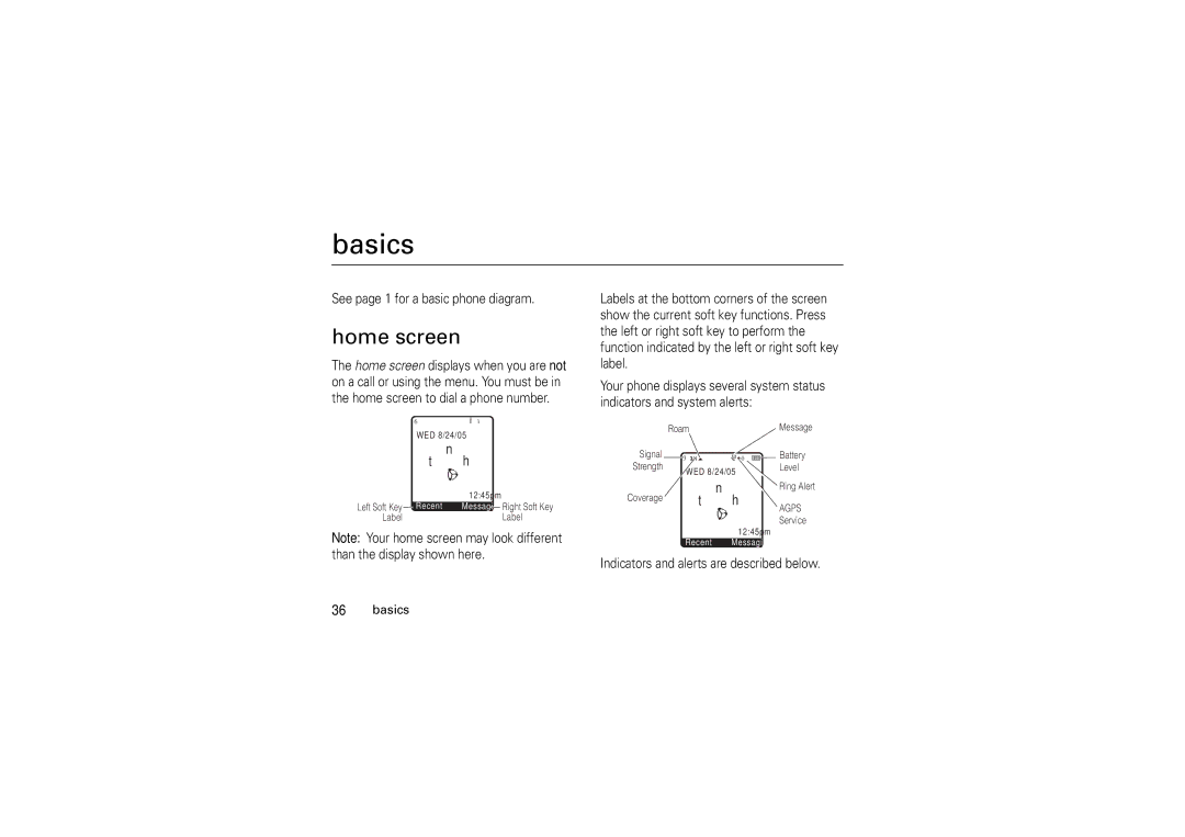 Motorola V3M manual Home screen, See page 1 for a basic phone diagram, Indicators and alerts are described below Basics 