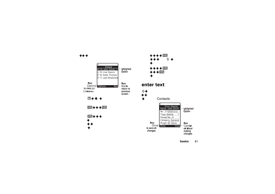 Motorola V3M manual Enter text, From the list and perform additional tasks on that entry 