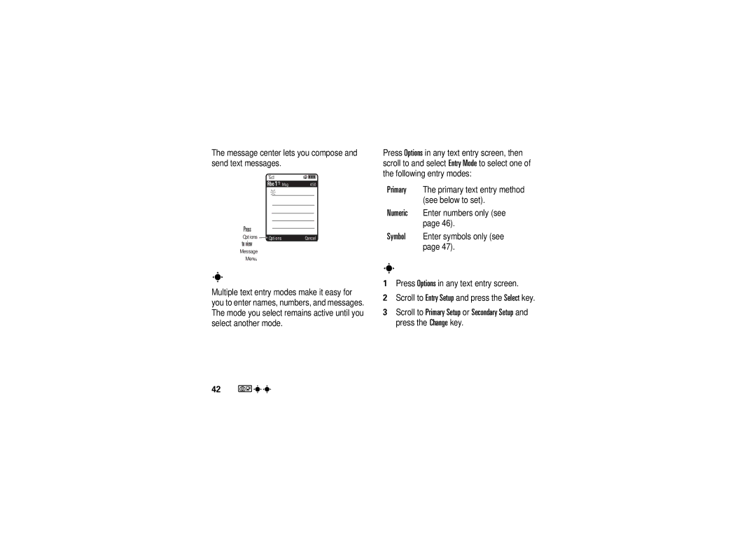 Motorola V3M Choose text entry mode, Set up text entry method, Message center lets you compose and send text messages 