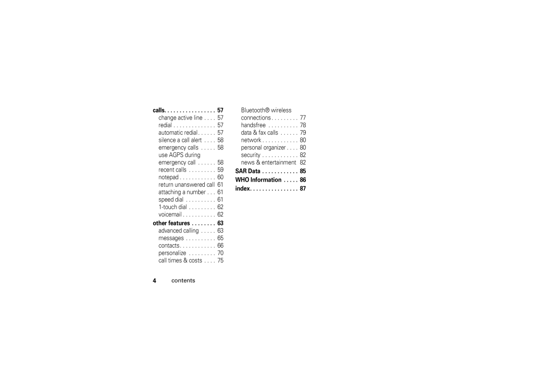 Motorola V3M manual Calls, Other features, SAR Data WHO Information index 