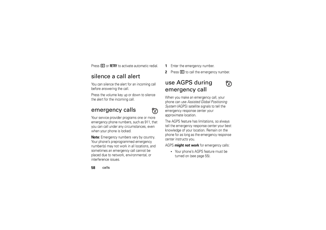 Motorola V3M manual Silence a call alert, Emergency calls, Use Agps during emergency call 