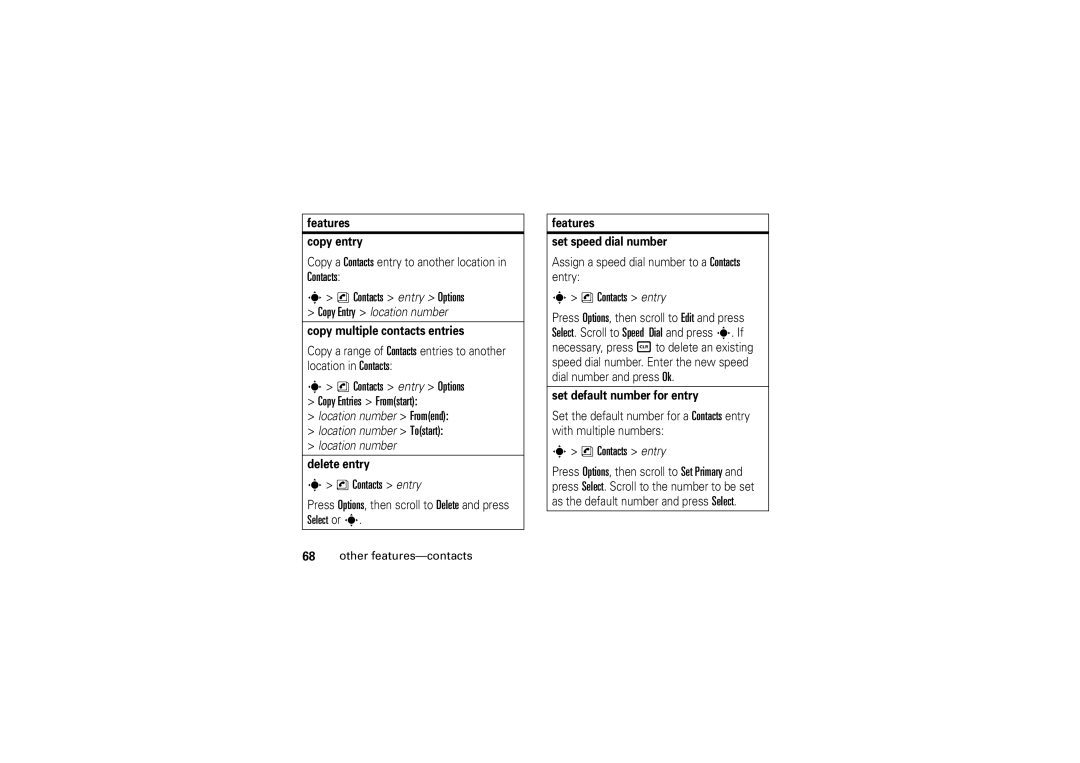 Motorola V3M manual Contacts Contacts entry Options, Contacts entry Options Copy Entries Fromstart 