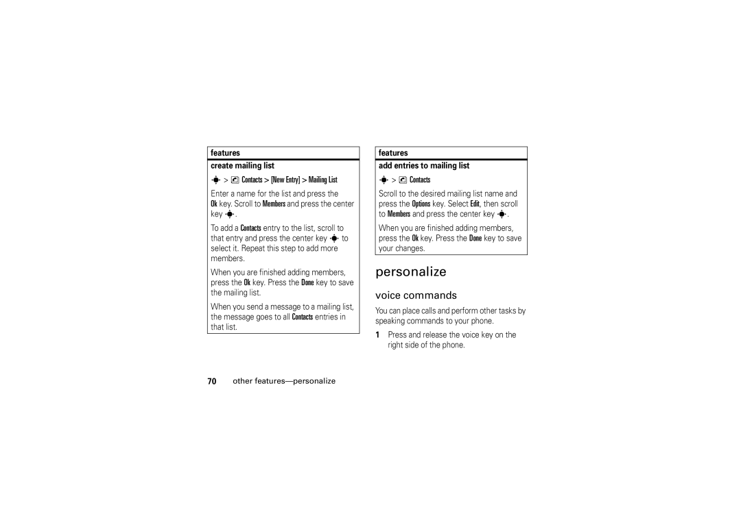 Motorola V3M manual Personalize, Voice commands, Features Create mailing list, Features Add entries to mailing list 