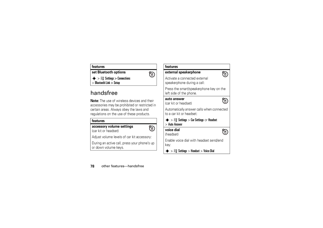 Motorola V3M manual Handsfree, Settings Connections Bluetooth Link Setup, Settings Car Settings or Headset Auto Answer 