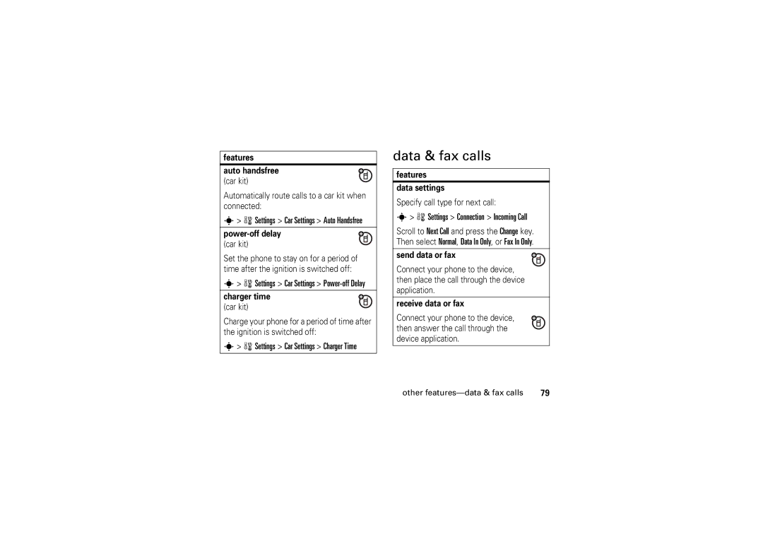 Motorola V3M manual Data & fax calls, Settings Connection Incoming Call 