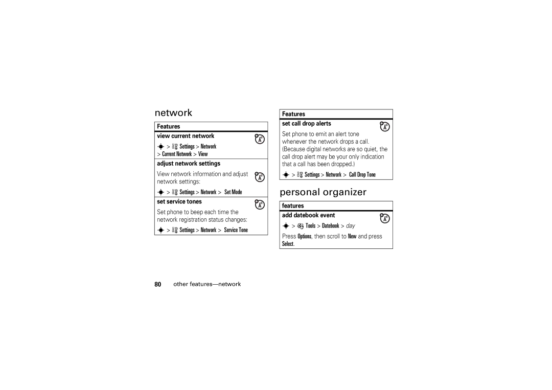 Motorola V3M manual Network, Personal organizer 