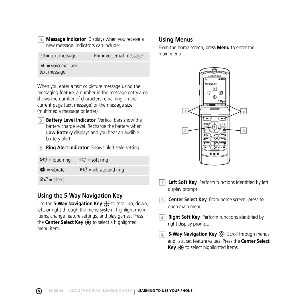 Motorola V3M manual Using the 5-Way Navigation Key, Using Menus, From the home screen, press Menu to enter the main menu 