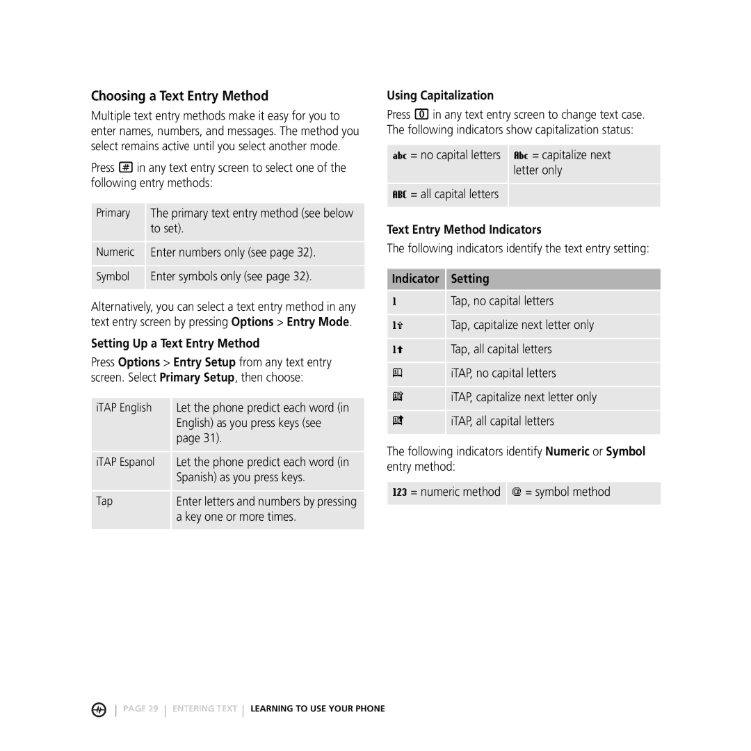 Motorola V3M manual Choosing a Text Entry Method, Setting Up a Text Entry Method, Using Capitalization, Indicator Setting 