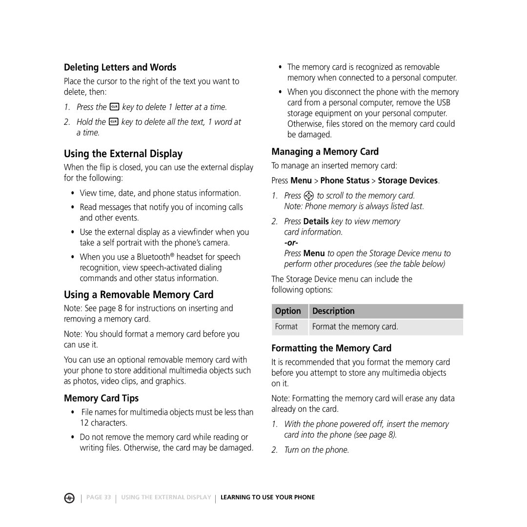 Motorola V3M manual Using the External Display, Using a Removable Memory Card 