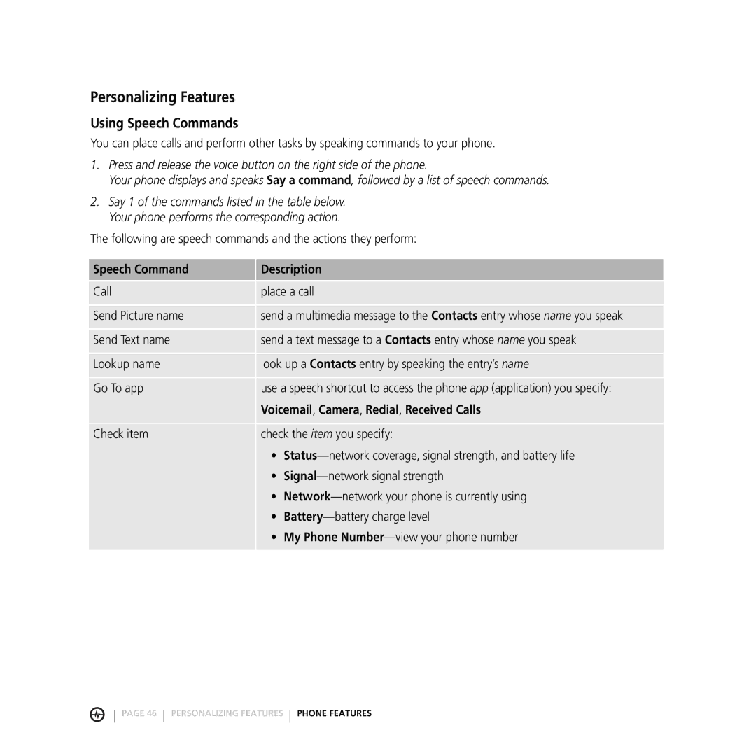 Motorola V3M manual Personalizing Features, Using Speech Commands, Speech Command Description 