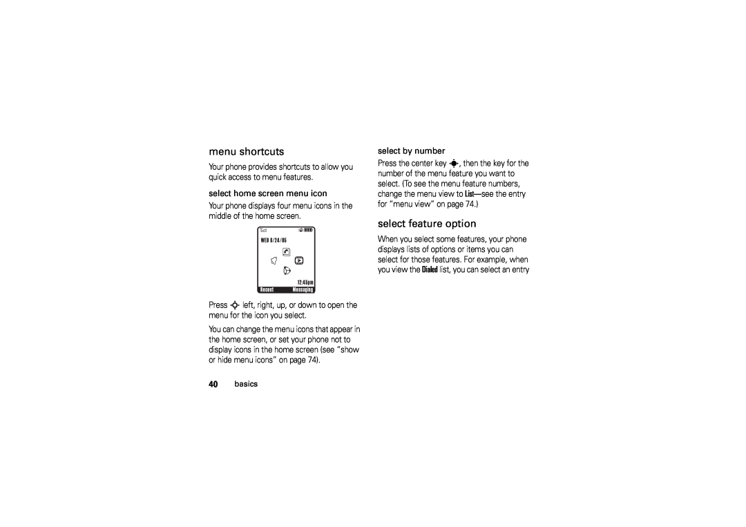 Motorola V3M manual menu shortcuts, select feature option, t n h L 