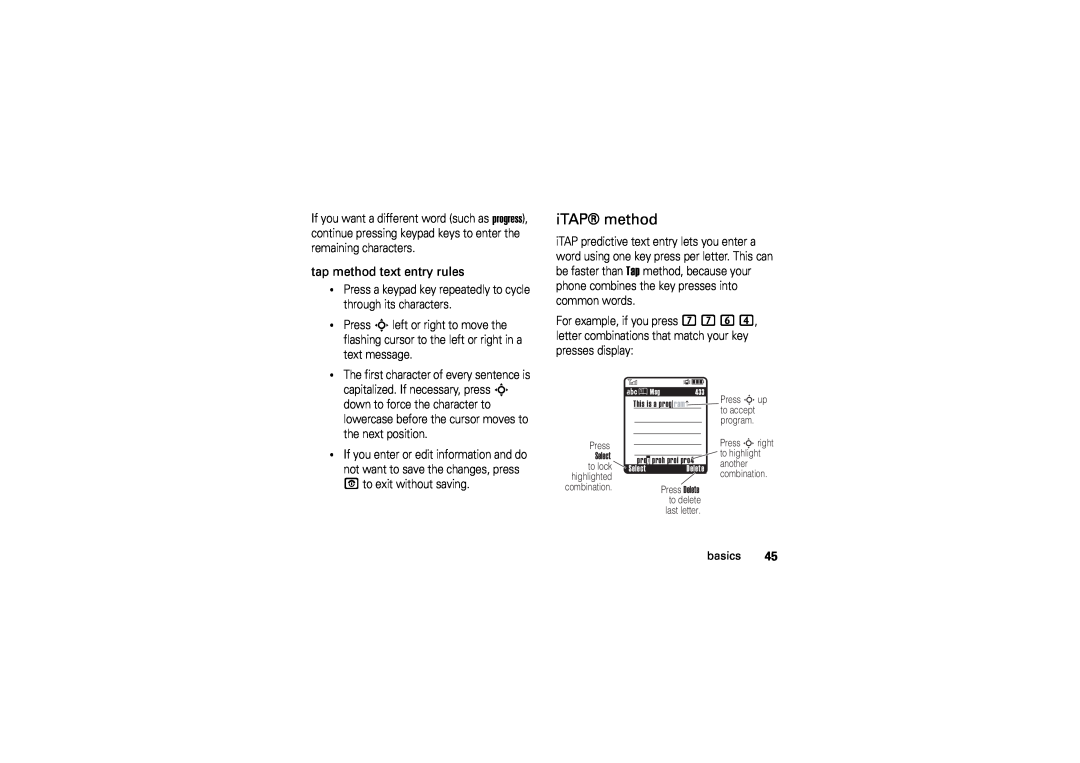 Motorola V3M manual iTAP method, Select, Delete 