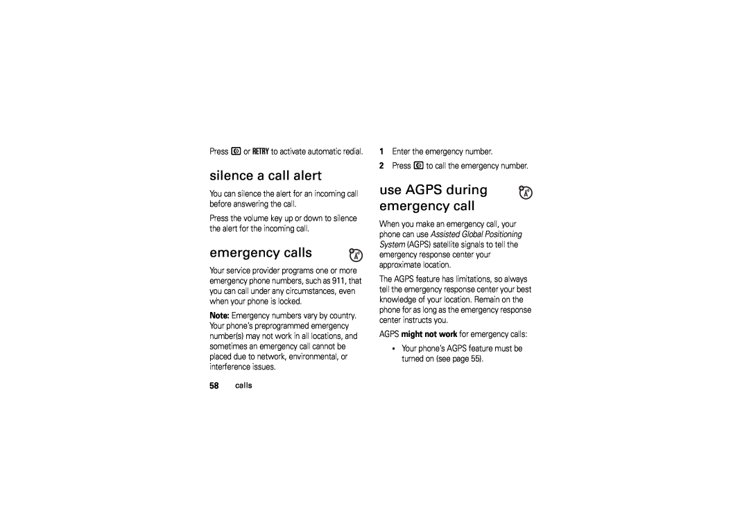 Motorola V3M manual silence a call alert, emergency calls, use AGPS during emergency call 