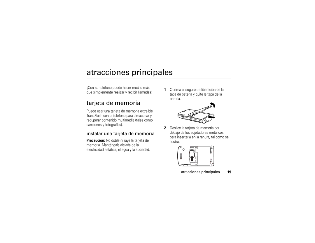 Motorola V3r manual Atracciones principales, Tarjeta de memoria, Instalar una tarjeta de memoria 