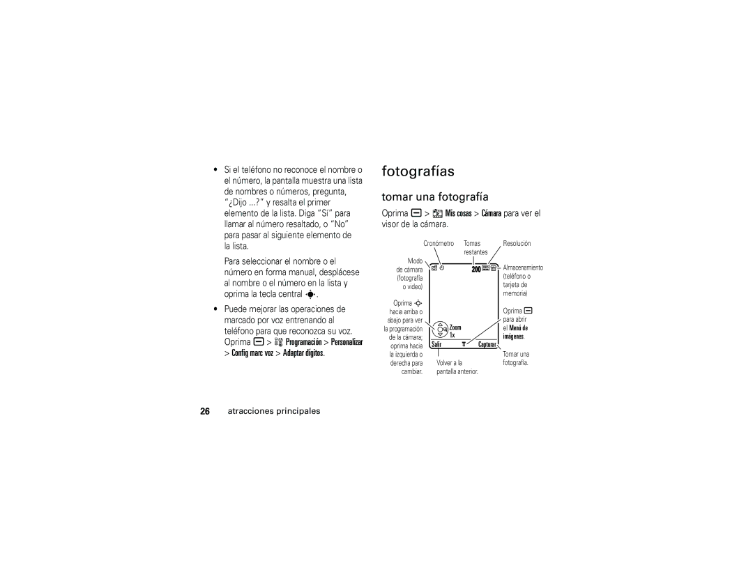 Motorola V3r manual Fotografías, Tomar una fotografía, Config marc voz Adaptar dígitos 