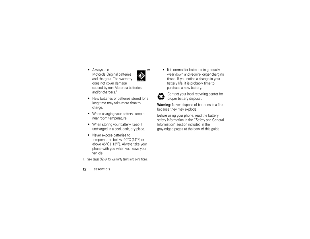 Motorola V3r manual See pages 92-94 for warranty terms and conditions 