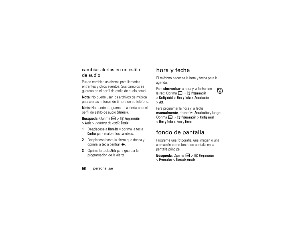 Motorola V3r manual Fondo de pantalla, Cambiar alertas en un estilo de audio, Hora y fecha Hora y Fecha 