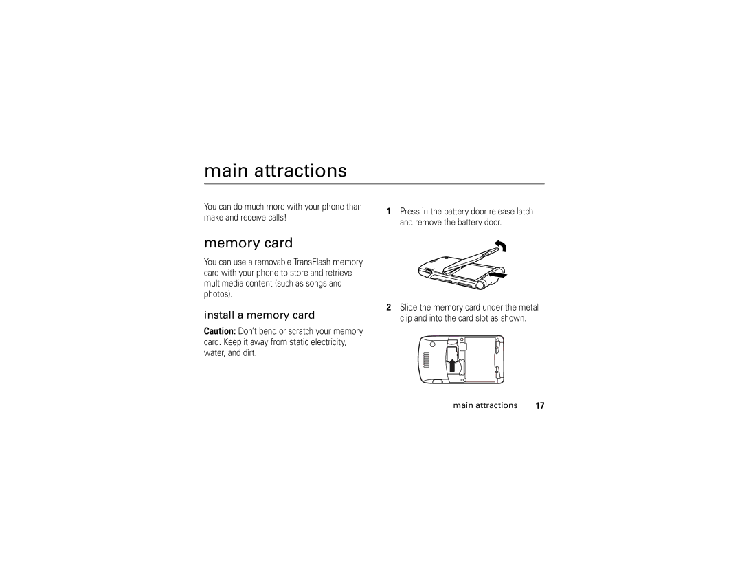 Motorola V3r manual Main attractions, Memory card, Install a memory card 