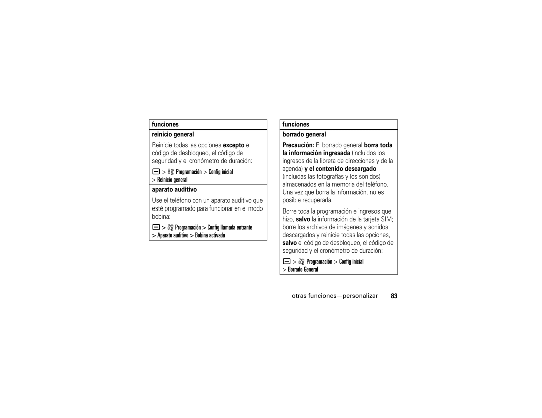 Motorola V3r manual Funciones Reinicio general, Aparato auditivo, Agenda y el contenido descargado 