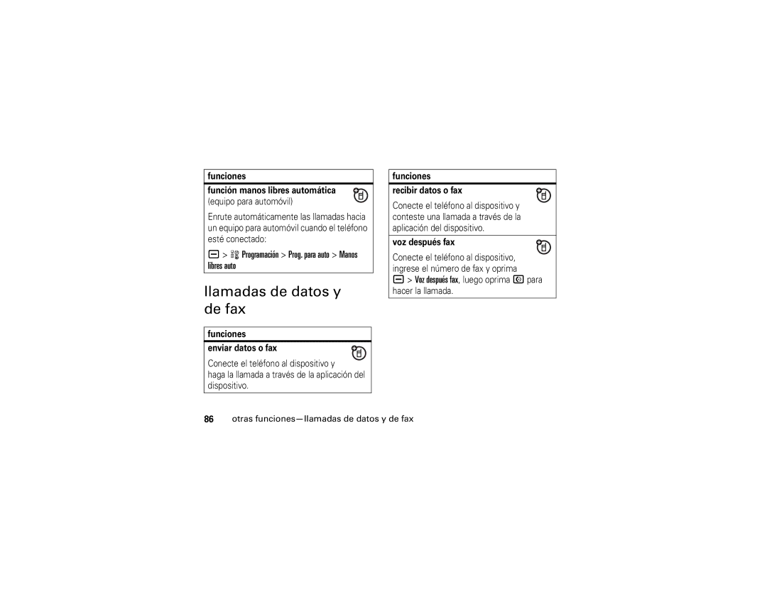 Motorola V3r manual Llamadas de datos y de fax, Programación Prog. para auto Manos libres auto 