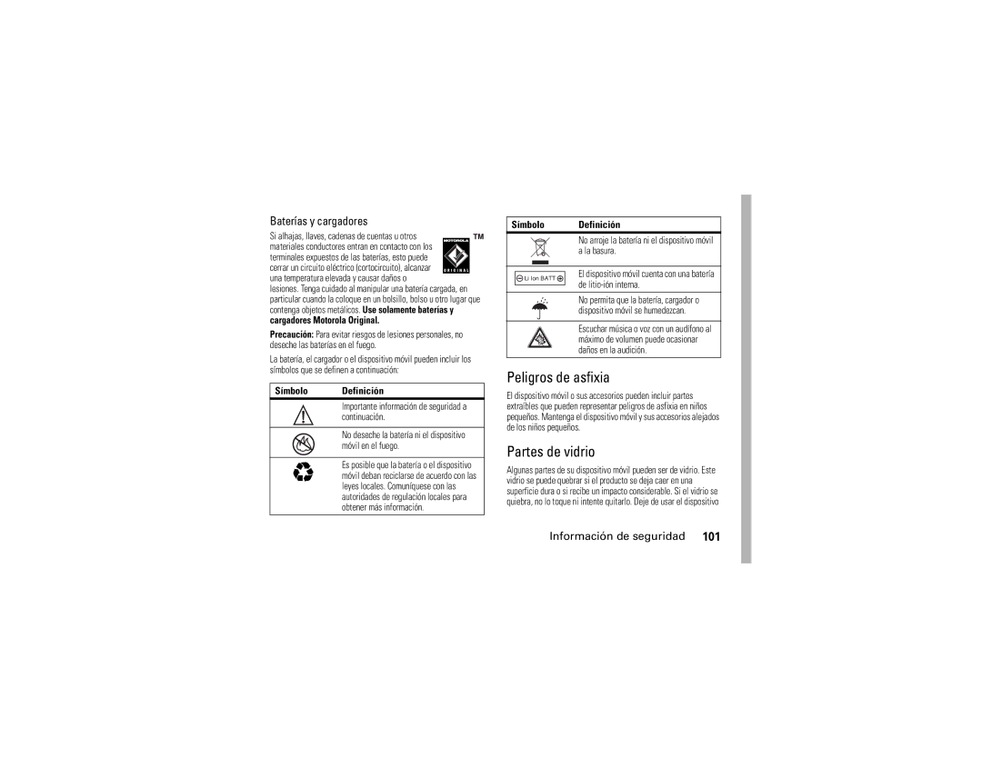 Motorola V3r manual Peligros de asfixia, Partes de vidrio, Baterías y cargadores, Símbolo Definición 