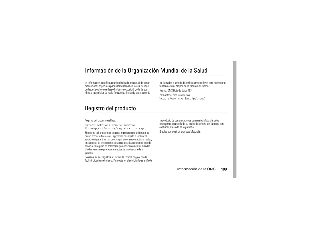 Motorola V3r manual Información de la Organización Mundial de la Salud, Registro del producto, Información de la OMS 
