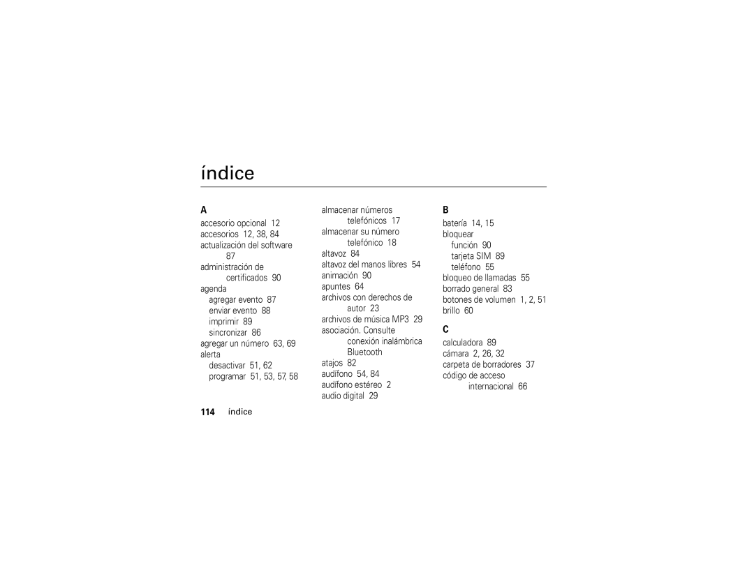 Motorola V3r manual Índice, 114 índice 