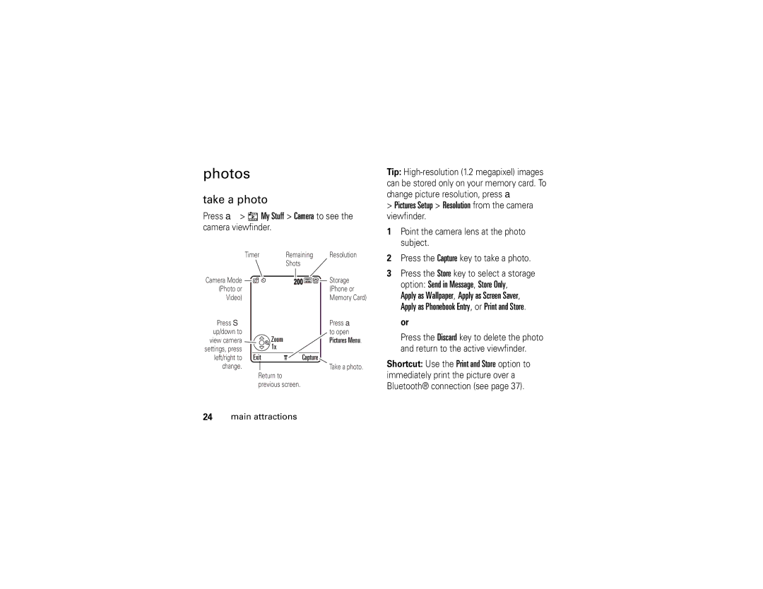 Motorola V3r manual Photos, Take a photo, Pictures Setup Resolution from the camera 