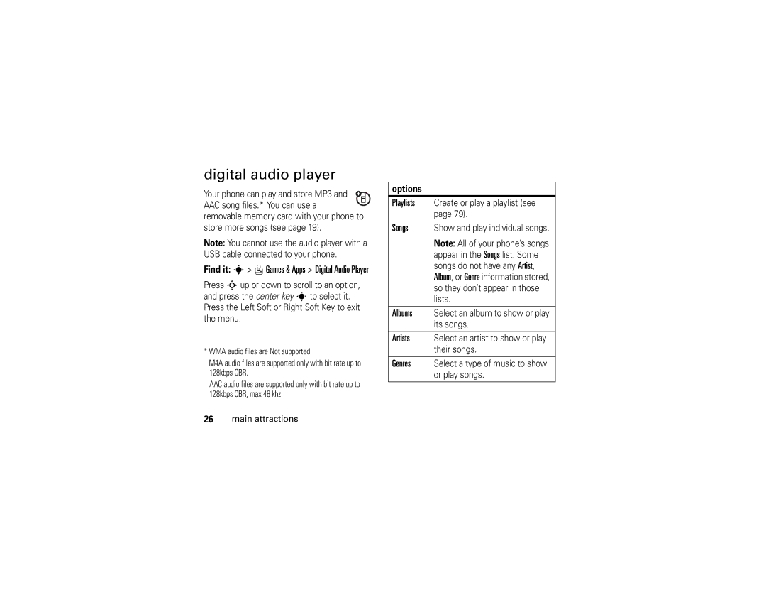 Motorola V3r manual Digital audio player 