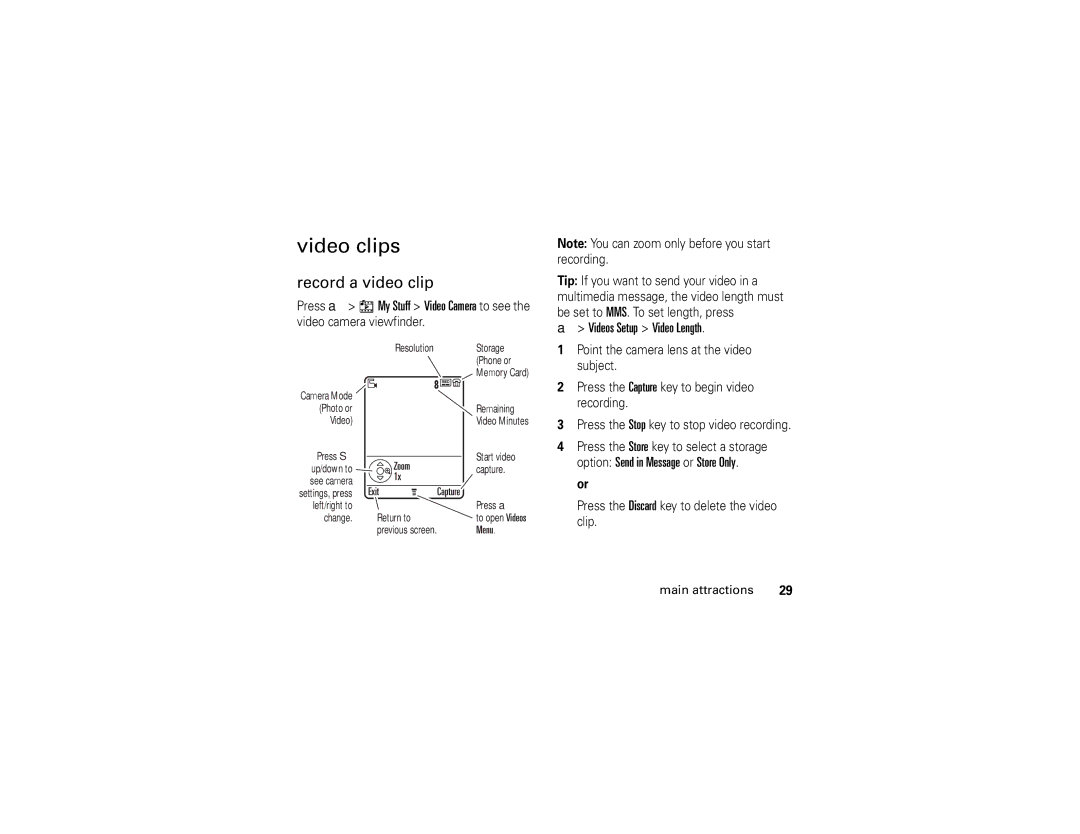 Motorola V3r manual Video clips, Record a video clip, Videos Setup Video Length 