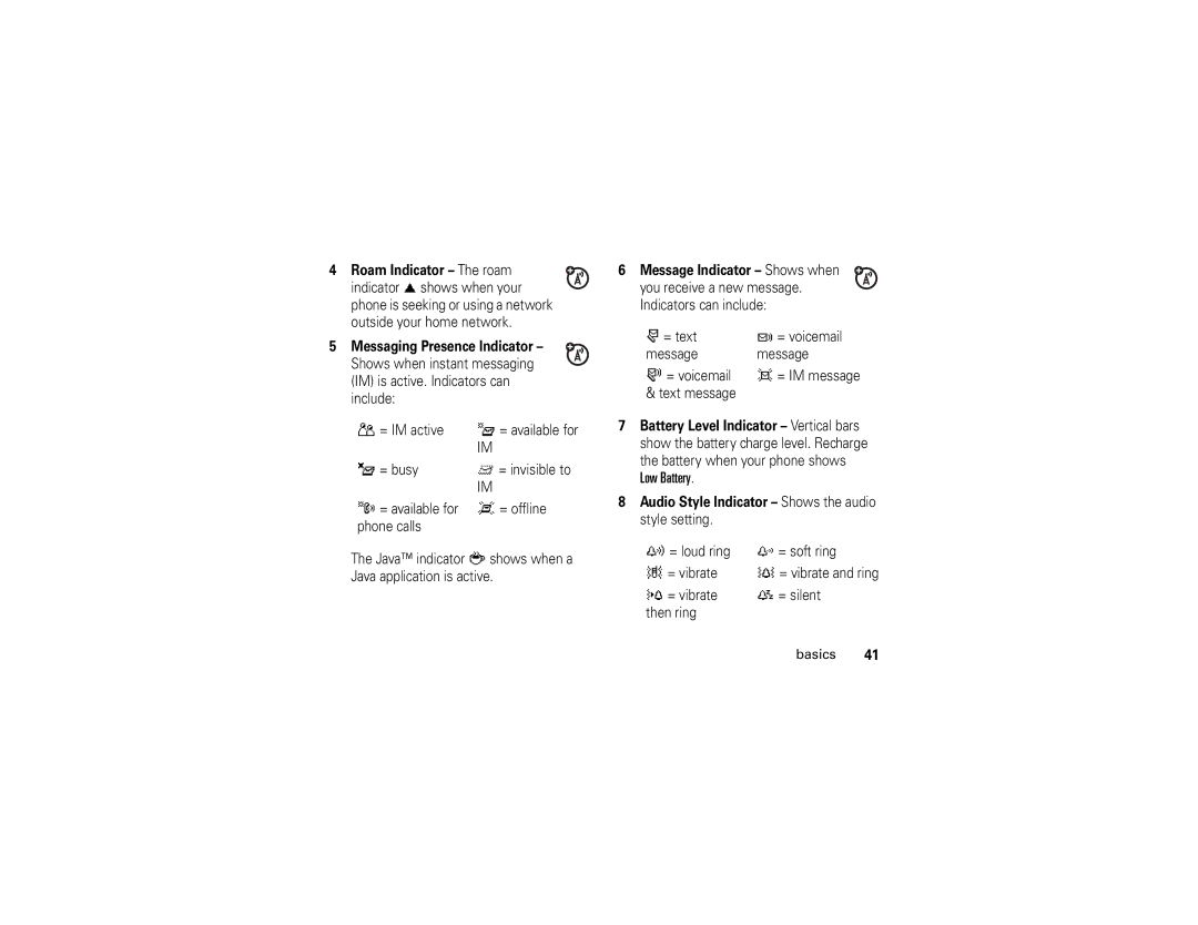 Motorola V3r manual Audio Style Indicator Shows the audio style setting 