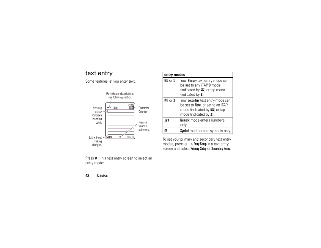 Motorola V3r manual Text entry, Entry modes 