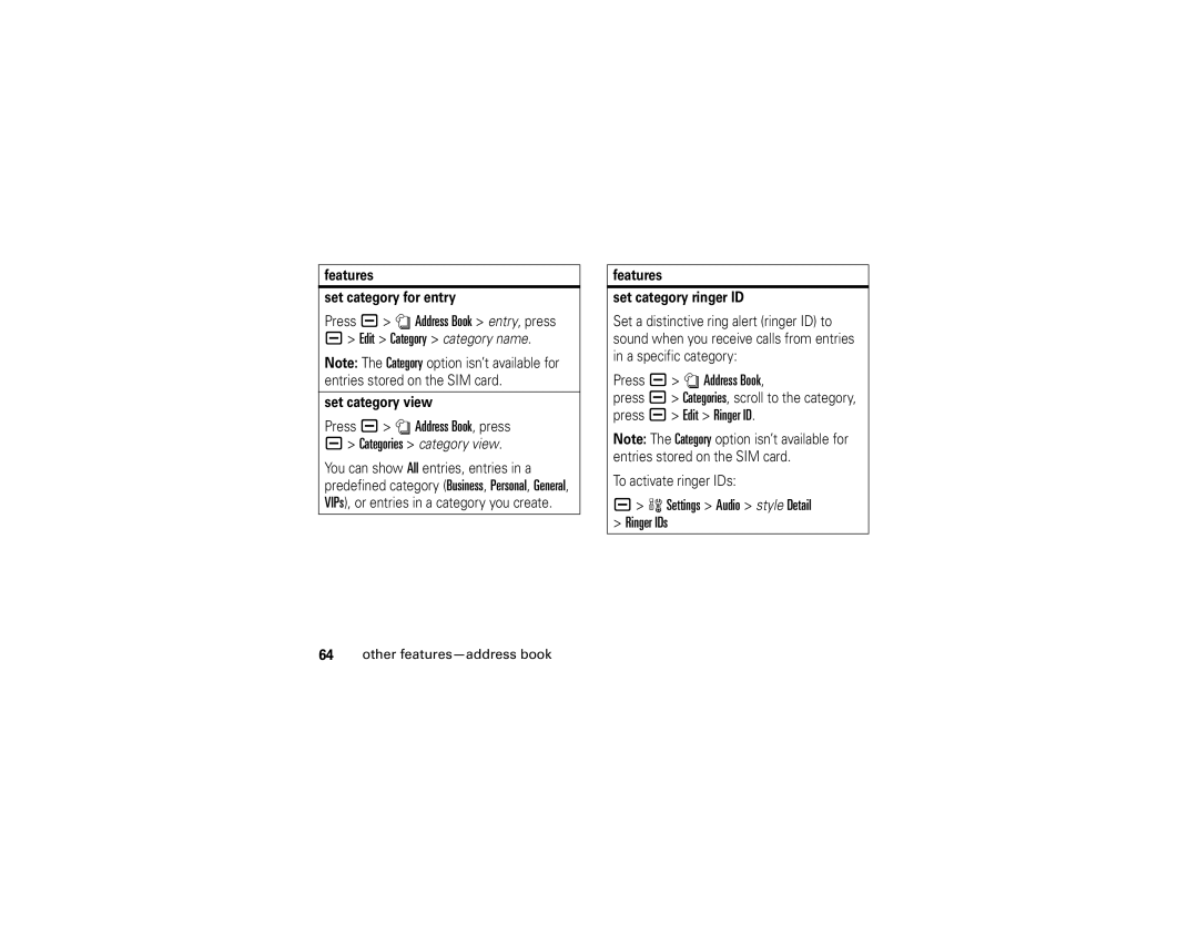 Motorola V3r manual Edit Category category name, Press a n Address Book, Features Set category for entry, Set category view 