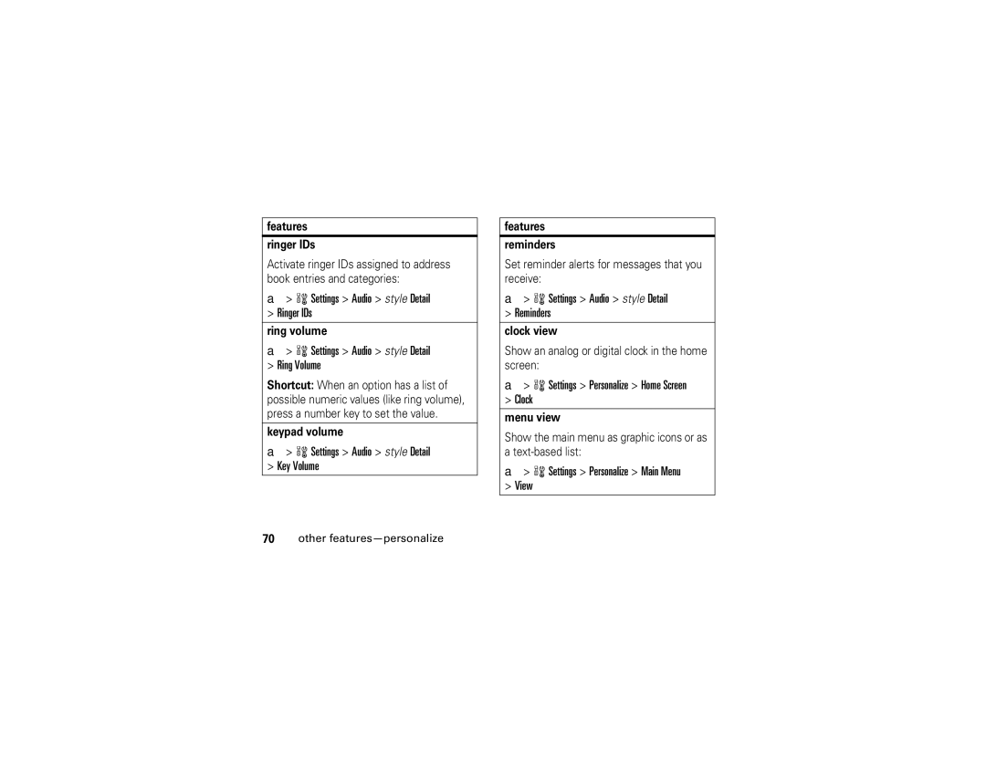 Motorola V3r manual Settings Audio style Detail Ring Volume, Settings Audio style Detail Key Volume 