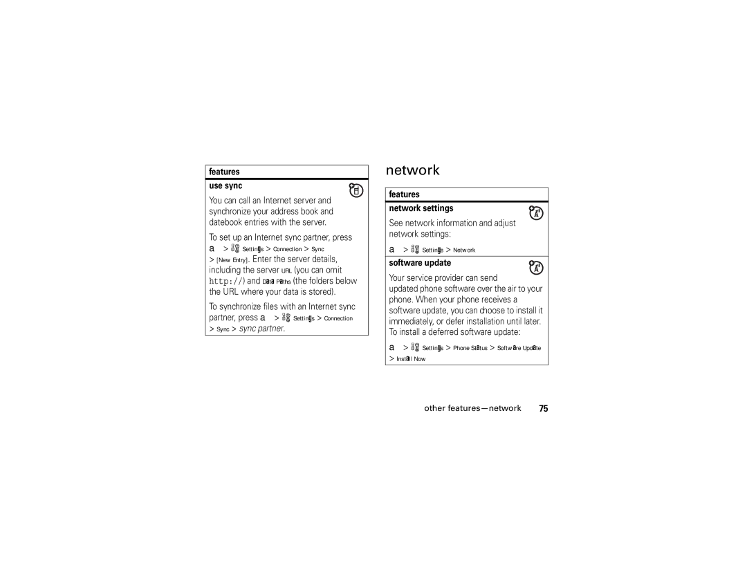 Motorola V3r manual Settings Network, Settings Phone Status Software Update Install Now, Other features-network 