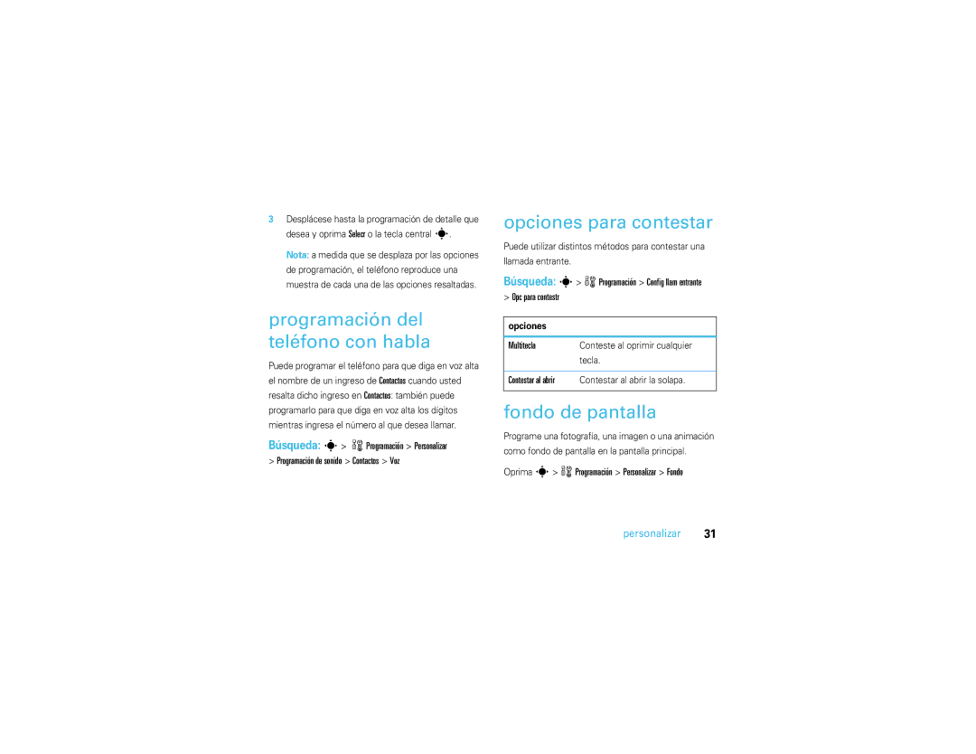 Motorola V3S manual Programación del teléfono con habla, Opciones para contestar, Fondo de pantalla, Multitecla 