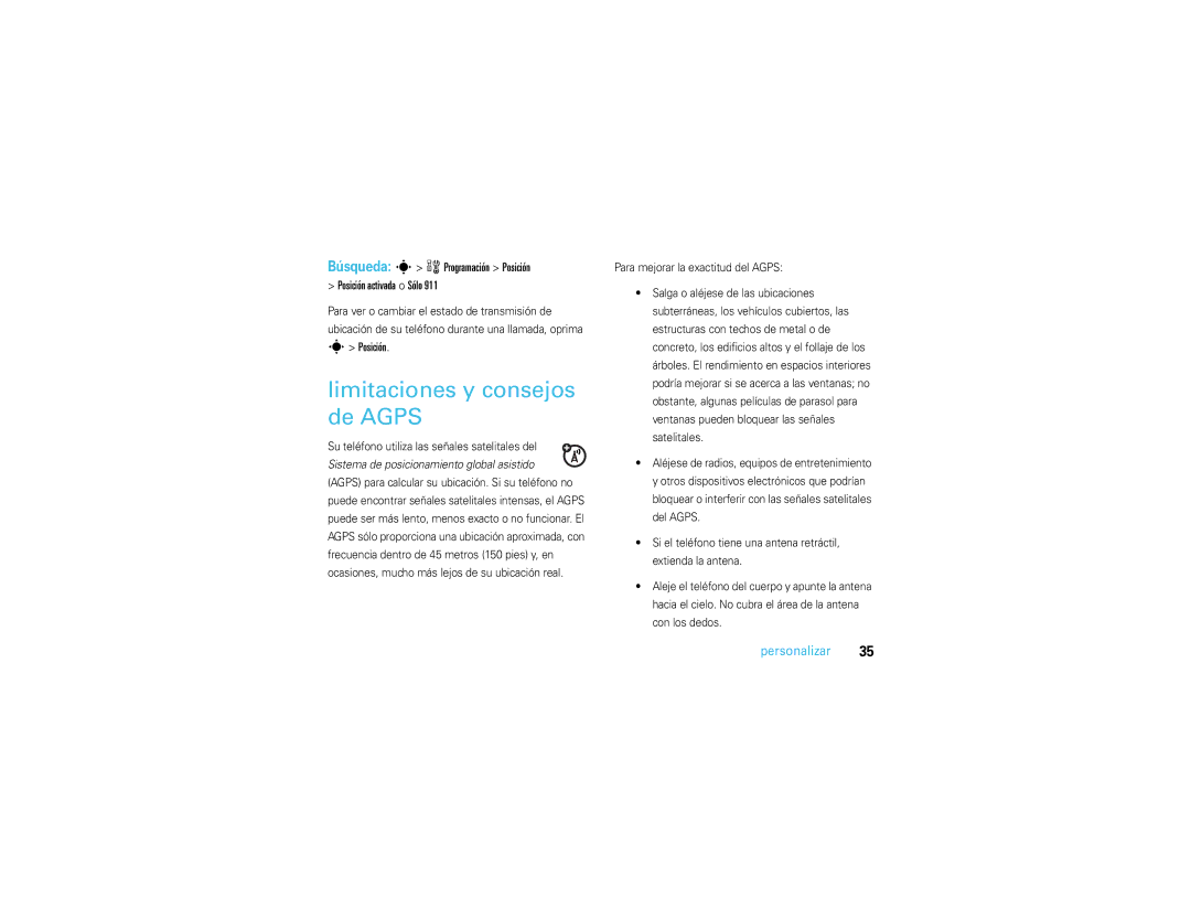 Motorola V3S manual Limitaciones y consejos de Agps, Búsqueda s wProgramación Posición Posición activada o Sólo 