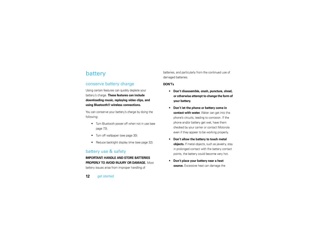 Motorola V3S manual Conserve battery charge, Battery use & safety, Using certain features can quickly deplete your 