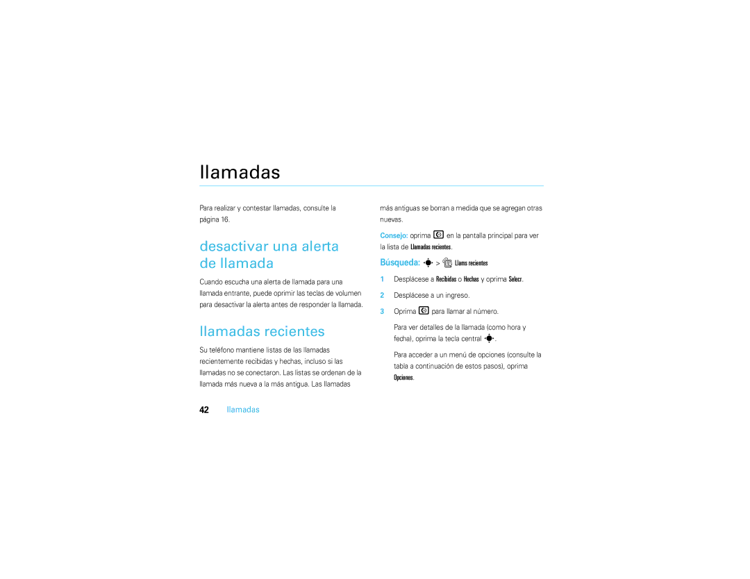 Motorola V3S manual Desactivar una alerta de llamada, Llamadas recientes 