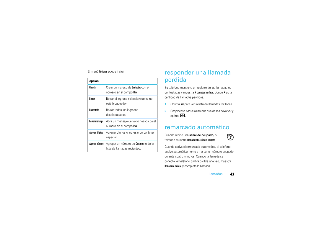 Motorola V3S manual Responder una llamada perdida, Remarcado automático, Guardar, Borrar todo 