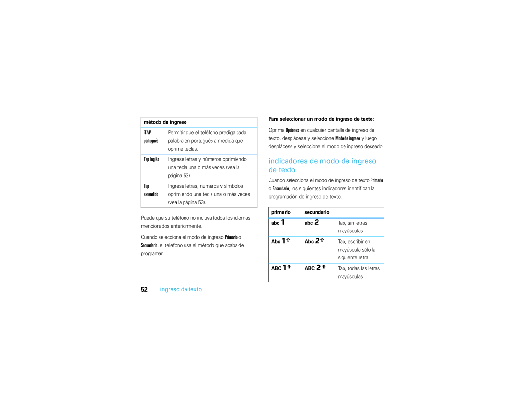 Motorola V3S manual Indicadores de modo de ingreso de texto, Portugués, Tap Inglés, Extendido 