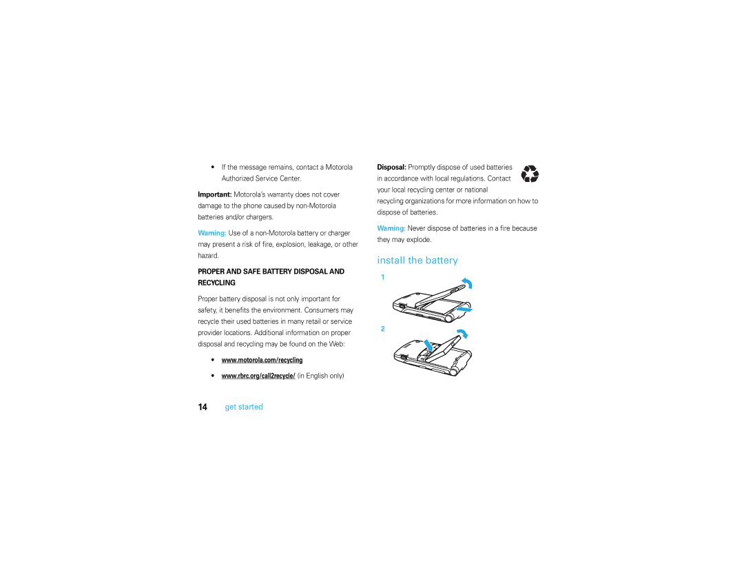 Motorola V3S manual Install the battery, Proper and Safe Battery Disposal Recycling 